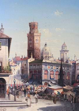 European City Square Market Scene