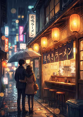 Couple Under Umbrella in Rainy Ramen Alley