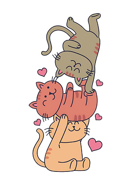 Three Stacked Cute Cats with Hearts