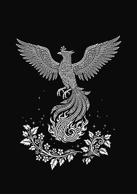 Sacred Firebird – Ornamental Phoenix in Ethnic Line Art