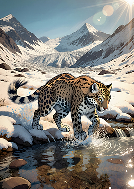 Snow Leopard Crossing a Stream