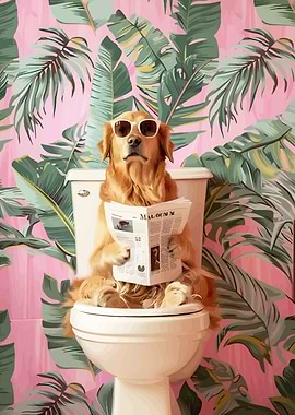 Dog reading newspaper on toilet