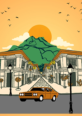 Retro Street Scene with Mountain Backdrop