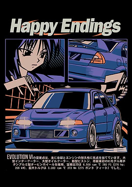 Anime Girl and Blue Mitsubishi Lancer Evolution VI