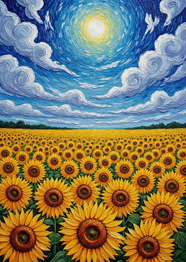 Vibrant Sunflower Field Under a Swirling Sky
