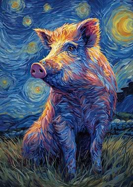 Wild Boar Under Starry Night Sky
