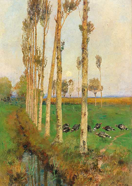 Turkeys in a Poplar Grove by a Stream