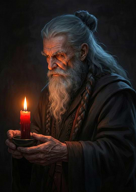 Old wizard holding a candle