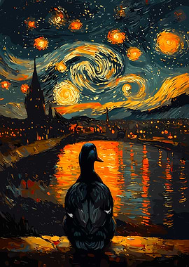 Duck in Starry Night Cityscape