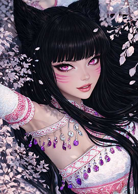 Kitsune-inspired portrait with cherry blossoms