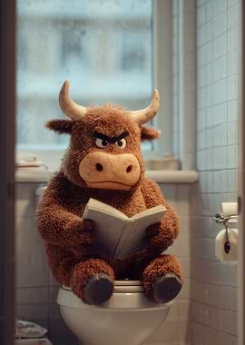 Angry Bull Reading in Bathroom