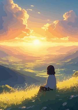 Girl watching sunset over mountains
