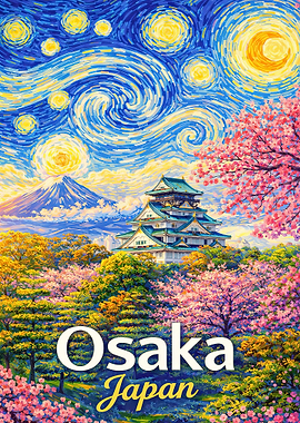 Osaka Castle with Starry Night Painting