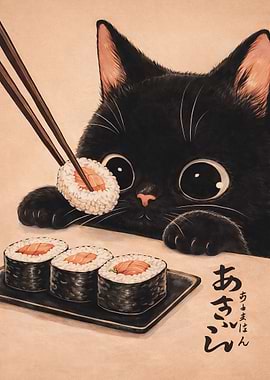 Black Cat Eating Sushi