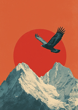 Eagle flying over mountains at sunset