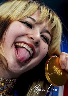 alysa liu with Gold Medal and Tongue Out