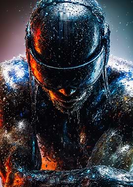 Wet Futuristic Cyberpunk Helmet Male Portrait