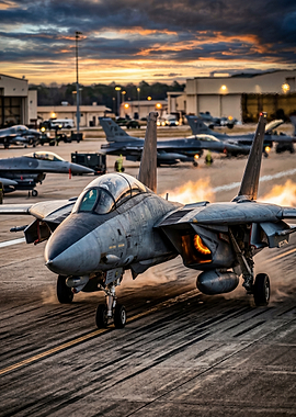 F-14 Tomcat on Runway at Sunset