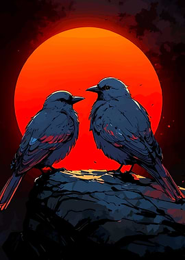 Two Birds Silhouetted Against a Sunset