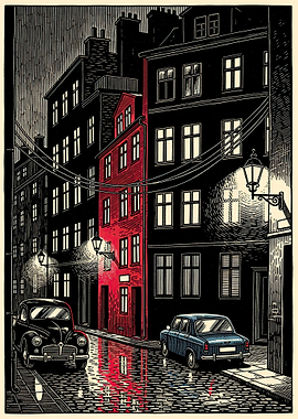 Night street scene with vintage cars