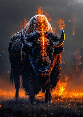 Fiery Bison in a Burning Landscape