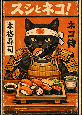 Samurai Cat Eating Sushi