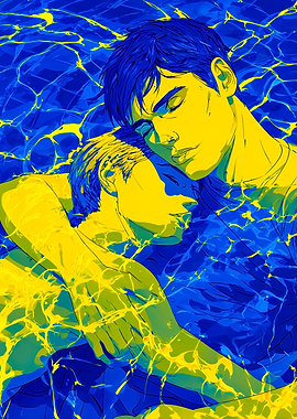 Blue Yellow Male Couple Embrace