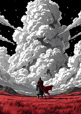 Knight Facing a Massive Cloud Explosion