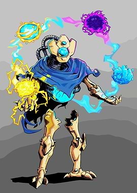 Robotic character juggling energy orbs