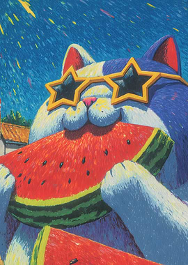 Cat Eating Watermelon with Star Sunglasses