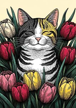 Cat in Tulips