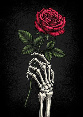 Skeleton Hand Holding a Red Rose