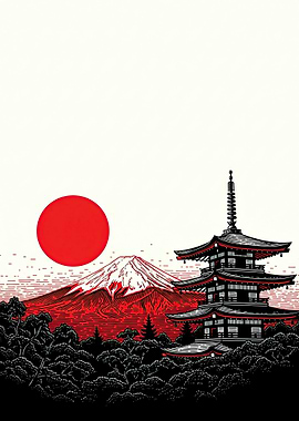 Japanese Pagoda and Mount Fuji