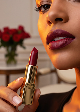 Woman applying dark red lipstick