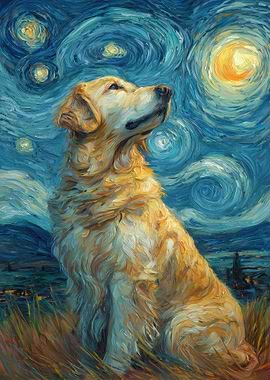 Golden Retriever in Starry Night Style