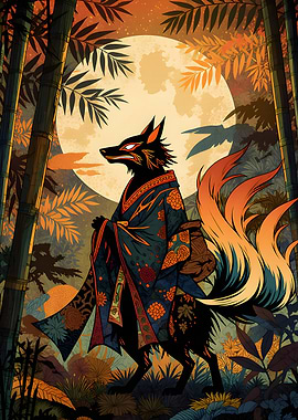 Kitsune in a Kimono under the Moon