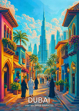 Dubai Street Scene with Burj Khalifa