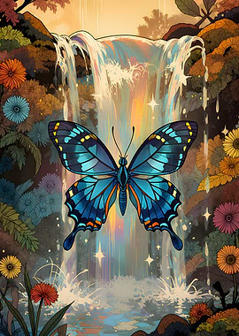 Butterfly by a Rainbow Waterfall