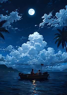 Couple rowing boat under moonlit sky