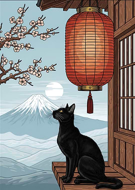Black Cat and Mount Fuji
