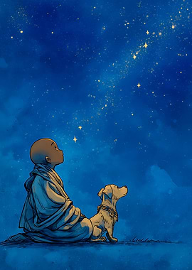 Monk and Dog Gazing at Stars