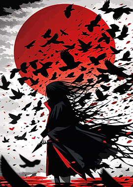 Shadow villain with crows and red sun