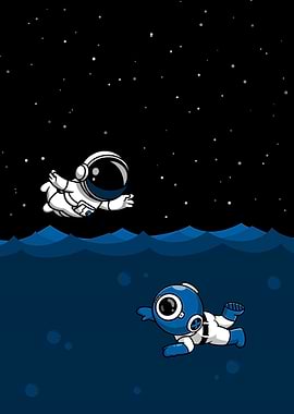 Astronaut and Diver in Space and Water