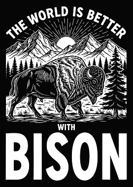 Bison in Mountain Landscape with Text