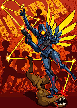 Robot standing on defeated monster