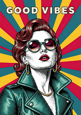 Retro Woman with Sunglasses and 'Good Vibes'