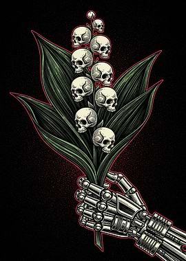 Robotic Hand Holding Skull Lily of the Valley