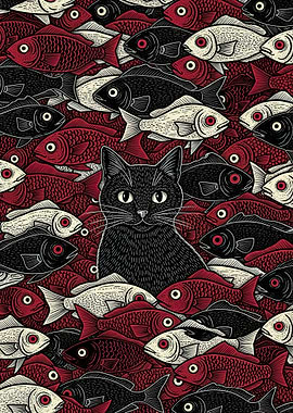 Black Cat Surrounded by Fish