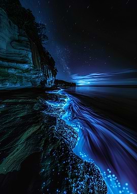 Bioluminescent Beach at Night
