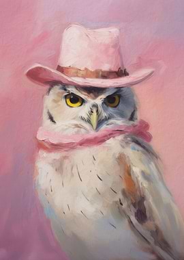 Owl Wearing a Pink Cowboy Hat